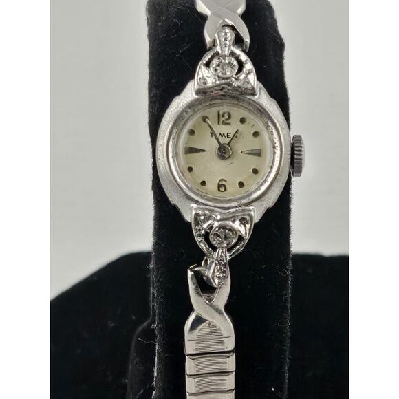 Ladies Vintage Diamond Timex Rhodium Plated Manual Wind Cocktail Watch main image 10